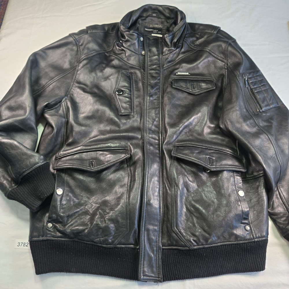 Rocawear Mens 3X Large Black Leather Bomber Jacket Zip Pockets Ribbed Cuffs Moto